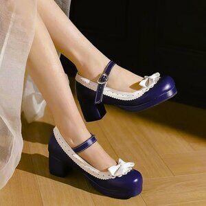 Mary Jane Heart Strap Shoes Chunky Mid Heel Platform Pumps with Bow Size 10M NWT